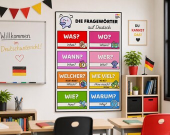 German Question Words Poster with English Translations, German Classroom Display W-Fragen auf Deutsch, German Class Decor Die Fragewörter