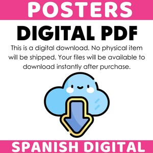 May include: A digital PDF poster graphic with the words "POSTERS DIGITAL PDF" in black and white. A blue cloud with a smiling face and a downward arrow is in the center. The text "SPANISH DIGITAL" is at the bottom.