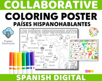 Spanish Collaborative Coloring Poster | Spanish Speaking Countries Posters Map Color In | Spanish Doodle Coloring Pages | Spanish Culture