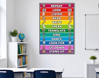 English ESL Commands Poster for ESL English Classroom, Class Decor for ESL English Teachers, Learn English Verbs with this Poster Display