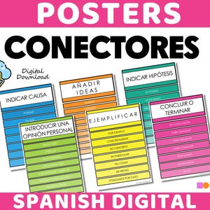 以下が含まれることがあります： 「POSTERS CONECTORES」の文字が上部に書かれた、カラフルなスペイン語のポスターのコレクションです。各ポスターには、「INDICAR CAUSA」や「EJEMPLIFICAR」など、異なる見出しがあります。「SPANISH DIGITAL」というフレーズが下部にあります。