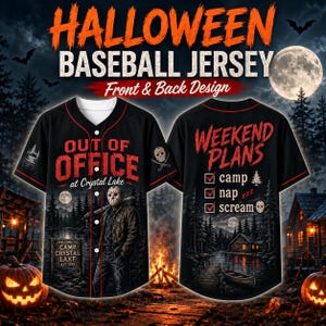 Koszulka baseballowa z motywem horroru na Halloween, koszulka z nadrukiem Camp Lake Slasher na guziki, koszulka unisex z motywem upiornego sezonu dla mężczyzn i kobiet