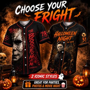 Halloween gift,Horror Baseball Jerseys, Spooky Slasher Graphic Button Up Shirts for Men Women, Unisex Halloween Jersey Costume for Party