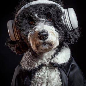 Peut inclure: Un chien noir et blanc portant un casque blanc et un manteau noir avec un col en fourrure blanche. Le chien a les yeux marron et un nez noir, sur fond noir.