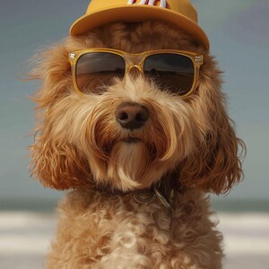 May include: A dog wearing a yellow baseball cap and sunglasses. The dog has light brown curly fur and a brown nose. The sunglasses are clear with dark lenses. The cap has a white and red design on the front.