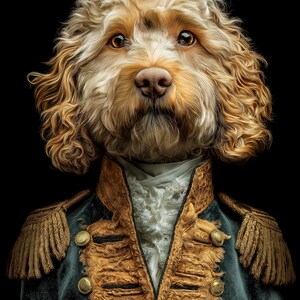 Può includere: Un ritratto di un cane con pelo marrone chiaro, che indossa una giacca in stile militare blu scuro e oro con spalline e bottoni dorati. Il cane ha occhi marroni e un'espressione seria su sfondo nero.