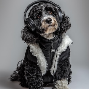Peut inclure: Un chien noir et blanc portant un casque noir et une veste noire avec une bordure en fausse fourrure blanche. Le chien est assis et regarde la caméra. Le casque est relié à un fil.