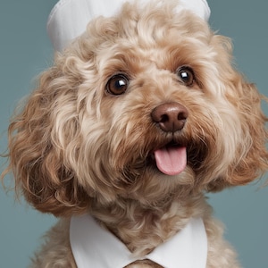 Pode incluir: Um cão castanho claro com pelo encaracolado usando um chapéu de marinheiro branco e uma gola branca. O cão tem olhos castanhos e a língua de fora. O fundo é azul claro sólido.