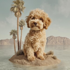 May include: A light brown, fluffy dog sits on a small sandy island with palm trees. The dog has a curly coat and is looking directly at the viewer. The background features a calm body of water and a mountain range under a cloudy sky.