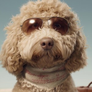 May include: A light brown dog with curly fur wearing aviator sunglasses and a patterned bandana. The dog is looking directly at the viewer, with a light blue background. A brown suitcase is visible in the background.