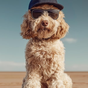 Puede incluir: Un perro marrón claro con una gorra de béisbol azul marino y gafas de sol negras, sentado en una playa de arena. El perro tiene pelo rizado y una nariz marrón claro. El fondo es un cielo azul claro.