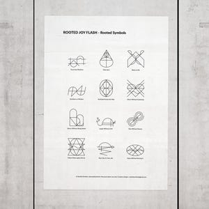 Puede incluir: Un póster blanco con el texto "ROOTED JOY FLASH - Rooted Symbols" y 12 símbolos minimalistas negros con frases. El póster se muestra contra una pared texturizada de color gris claro, creando una estética sencilla y moderna.