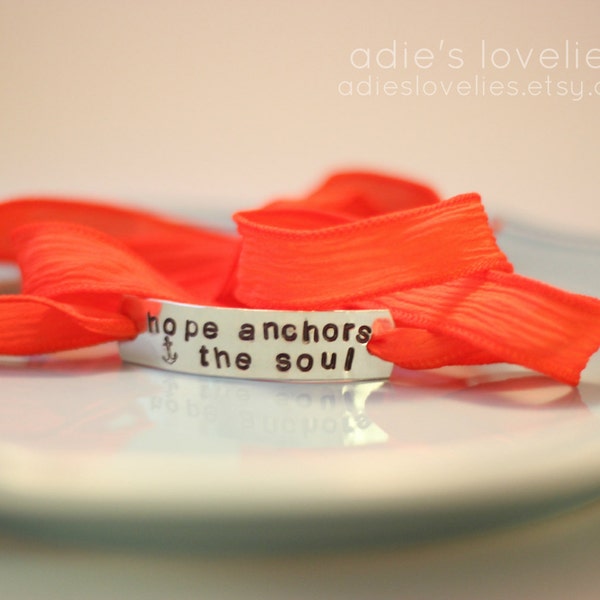 Silk Ribbon Wrap Bracelet - Hand-stamped - Hope Anchors the Soul - Arrow - Choose Your Colors