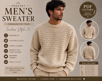 Häkelanleitung für Herren, PDF, häkeln Sie übergroßen Pullover mit Strukturmuster, Gittermuster Pullover, anfängerfreundliche Anleitung, Größen S-3XL