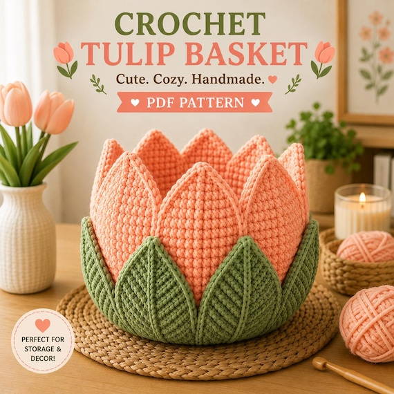 Crochet Tulip Basket Pattern PDF, Flower Storage Basket Crochet