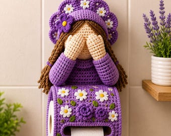Häkelanleitung für Puppenrollenhalter PDF | Häkelanleitung Toilettenpapierhalter | Amigurumi-Puppendekor | Schüchternes Mädchen Toilettenpapierrollenbezug