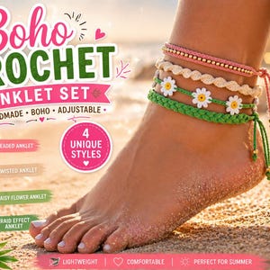 Può includere: Un set di cavigliere Boho all'uncinetto con quattro stili unici. Il set include cavigliere con perline, intrecciate, con fiori di margherita ed effetto treccia. Le cavigliere sono fatte a mano e regolabili, con un design leggero e confortevole.
