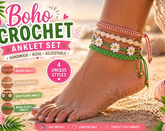 Boho häkeln Fußkettchen Muster | Verstellbare Sommer-Strand-Fußkettchen DIY | Perlen, Gänseblümchen Blume & geflochtenes Fußkettchen Anleitung PDF