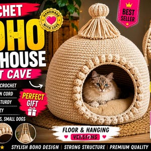 May include: A handmade crochet cat cave in a boho style. The beige pet house has a round opening and a matching cushion inside. A cat is inside the cave. The image also shows a hanging cat bed and text that says "CROCHET BOHO PET HOUSE CAT CAVE".