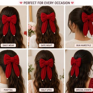 May include: A collection of red knitted hair bows, each styled differently. The bows are shown in various hairstyles, including a ponytail, bun, and half-updo. The text in the image reads "Perfect for Every Occasion", "Daily Wear", "Date Night", "Bun Hairstyle", "Ponytail", "Half Updo", and "Special Events".