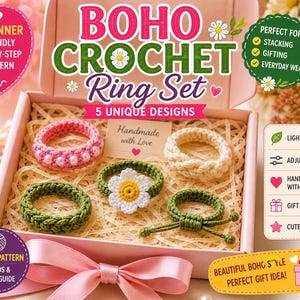 Peut inclure: Un ensemble de bagues Boho Crochet dans une boîte rose, avec cinq modèles uniques faits à la main. Les bagues sont de différentes couleurs, dont le rose, le vert et le crème, avec des accents de marguerite et de perles. L'ensemble comprend un patron détaillé.