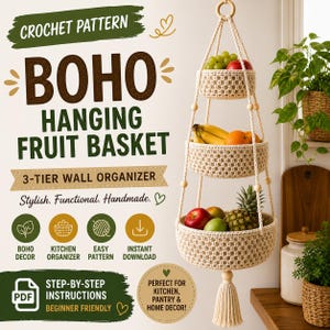 May include: A three-tiered, handmade, boho-style hanging fruit basket made from beige yarn. The basket is filled with fresh fruit, including apples, bananas, and a pineapple. The text on the image says "Crochet Pattern" and "Boho Hanging Fruit Basket".