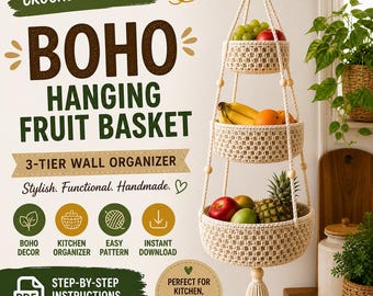 Patrón de cesta colgante de ganchillo para frutas / Organizador bohemio de 3 niveles en PDF / Cesta de ganchillo estilo macramé / Almacenamiento de cocina / Descarga instantánea