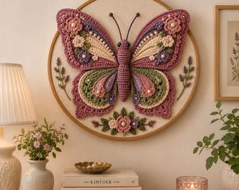 Crochet Schmetterling Wand Kunst Muster PDF | Blumen Schmetterling Dekor, Stickrahmen Kunst, Cottagecore Home Decor