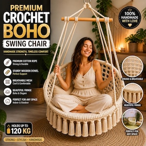 May include: A cream-colored crochet boho swing chair with fringe and a wooden dowel. The chair is suspended from a wooden beam and has a breathable mesh design. The text on the image says "Premium Crochet Boho Swing Chair".