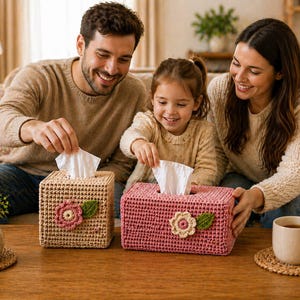 May include: Two decorative tissue box covers, one beige and one pink, are displayed on a wooden table. Each box is crocheted with a floral design. A family is shown reaching for tissues.