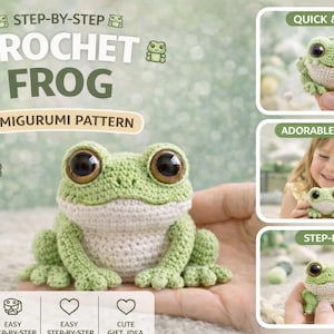 Puede incluir: Un patrón de amigurumi de rana de ganchillo con el texto "STEP-BY-STEP CROCHET FROG". La rana es verde y blanca con ojos grandes y oscuros. La imagen incluye el texto "BEGINNER FRIENDLY!" y "QUICK & EASY".