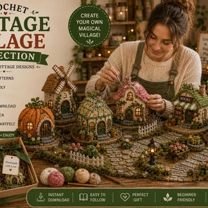May include: A collection of six miniature crochet cottages featuring detailed textures, including a pumpkin-shaped house, a windmill, and a bakery. The set includes step-by-step patterns for creating a village, presented in a box with yarn balls.