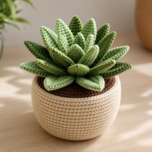 Può includere: Una pianta succulenta all'uncinetto in un vaso beige. La pianta ha foglie verdi e si trova in un terreno marrone all'uncinetto. Il vaso è rotondo ed è fatto di filato beige chiaro. Questo articolo fatto a mano è decorativo.
