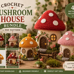 Peut inclure: Un ensemble de modèles PDF au crochet pour maisons champignons comprenant quatre designs. L'image montre trois maisons champignons crochetées en rouge, orange et rose avec des pois blancs, des portes et fenêtres marron, ainsi que des étiquettes.