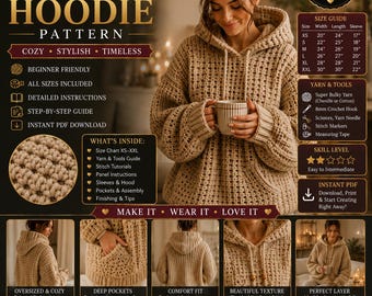 Hoodie Muster PDF, Oversized Grobstrick Cardigan Muster, Gemütlicher Häkelpullover, Mini Bean Stitch Hoodie, Anfängerfreundlich