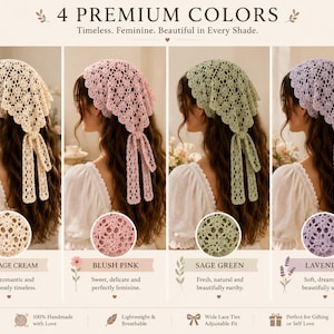 Puede incluir: Cuatro pañuelos de ganchillo en crema vintage, rosa rubor, verde salvia y lavanda. Cada pañuelo presenta un delicado diseño de encaje y lazos largos. La imagen incluye el texto "4 Premium Colors" y "Timeless. Feminine. Beautiful in Every Shade."