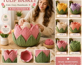 Tulpenkorb Muster PDF, Blumen Aufbewahrung Korb Häkelanleitung, Chunky Tulip Schale, Blumen Wohn Dekor, Anfänger Häkelanleitung