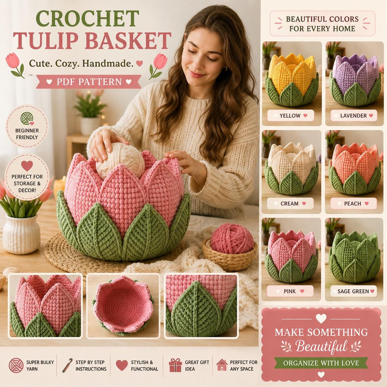 Crochet Tulip Basket Pattern PDF, Flower Storage Basket Crochet