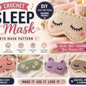 Puede incluir: Patrón de antifaz de crochet con el texto "CROCHET SLEEP Mask EYE MASK PATTERN". La imagen muestra varios antifaces hechos a mano en beige, rosa, verde, morado y marrón. Cada antifaz tiene los ojos cerrados y una nariz rosa.