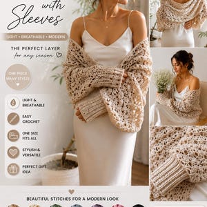 May include: A woman wearing a beige crochet scarf with sleeves. The scarf is light and breathable, perfect for spring and summer. The image also shows color options: sand, oat, sage, mist, lilac, dusty rose, and charcoal.