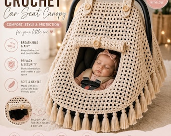 Gehäkelte Baby Autositz Überdachung PDF, Boho Baby Carrier Cover, Mesh Säugling Baldachin, Tassel Kinderwagen Schatten DIY