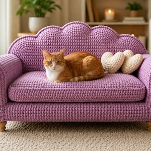 Op de afbeelding: Een lila gehaakte dierenbank met een geschulpte rug en gerolde armleuningen. Een oranje tabbykat rust op het kussen, met twee hartvormige kussens. De bank heeft houten poten.