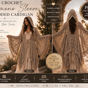 May include: A crochet kimono sleeve hooded cardigan in a neutral colour, featuring a layered silhouette, lace and mesh texture, and an oversized hooded design. The image includes text: "Crochet Kimono Sleeve Hooded Cardigan".