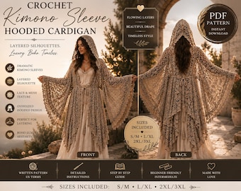Gehäkelte Kimono-Ärmel-Strickjacke mit Kapuze, übergroßer Boho-Spitze-Hoodie, geschichtetes PDF-Muster mit Glockenärmeln