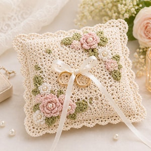 May include: Cream-colored crocheted ring pillow with floral embellishments. The pillow features pink and white flowers with pearl centers and green leaves. Two gold wedding rings are attached with a cream-colored ribbon. The pillow has a scalloped edge.