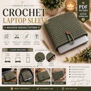 Könnte beinhalten: Gehäkelte Laptop-Hülle in Olivgrün mit Knopfverschluss. Das Bild zeigt die Textur der Hülle und enthält Text, der darauf hinweist, dass es sich um ein anfängerfreundliches Muster handelt, das in verschiedenen Größen erhältlich ist.
