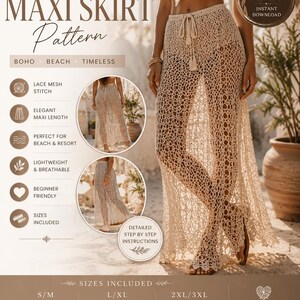 Puede incluir: Un patrón de falda larga de ganchillo con temática boho playa. El patrón incluye instrucciones detalladas, es apto para principiantes y ofrece tallas S/M, L/XL y 2XL/3XL. La falda presenta un punto de malla de encaje, una elegante longitud maxi.