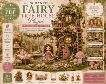 Verzaubertes Fairy Tree House Spielset Häkelanleitung PDF | Feen Puppe, Woodland Cottage, Fantasy Amigurumi Set