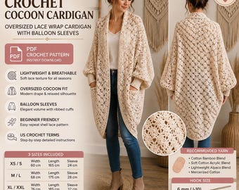 Cocoon Strickjacke Häkelanleitung PDF | Übergroßer Lace Wrap Cardigan mit Ballon-Ärmeln | XS–XXL