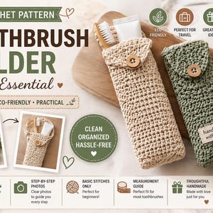 Könnte beinhalten: Häkelanleitung für einen Zahnbürstenhalter, ein Reise-Essential. Das Bild zeigt zwei handgefertigte Halter, einen beigen und einen grünen, mit Holzknopfverschlüssen. Der Text lautet "Handmade, Eco-friendly, Practical".